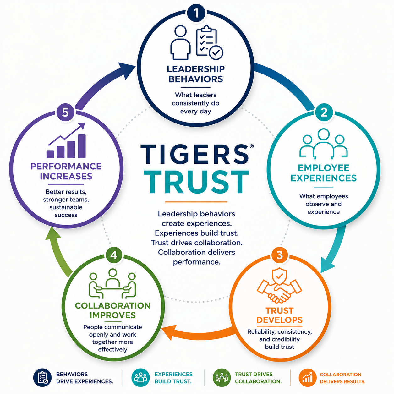 How to build team trust infographic showing how leadership behaviors shape employee experiences, build trust, improve collaboration, and increase organizational performance.